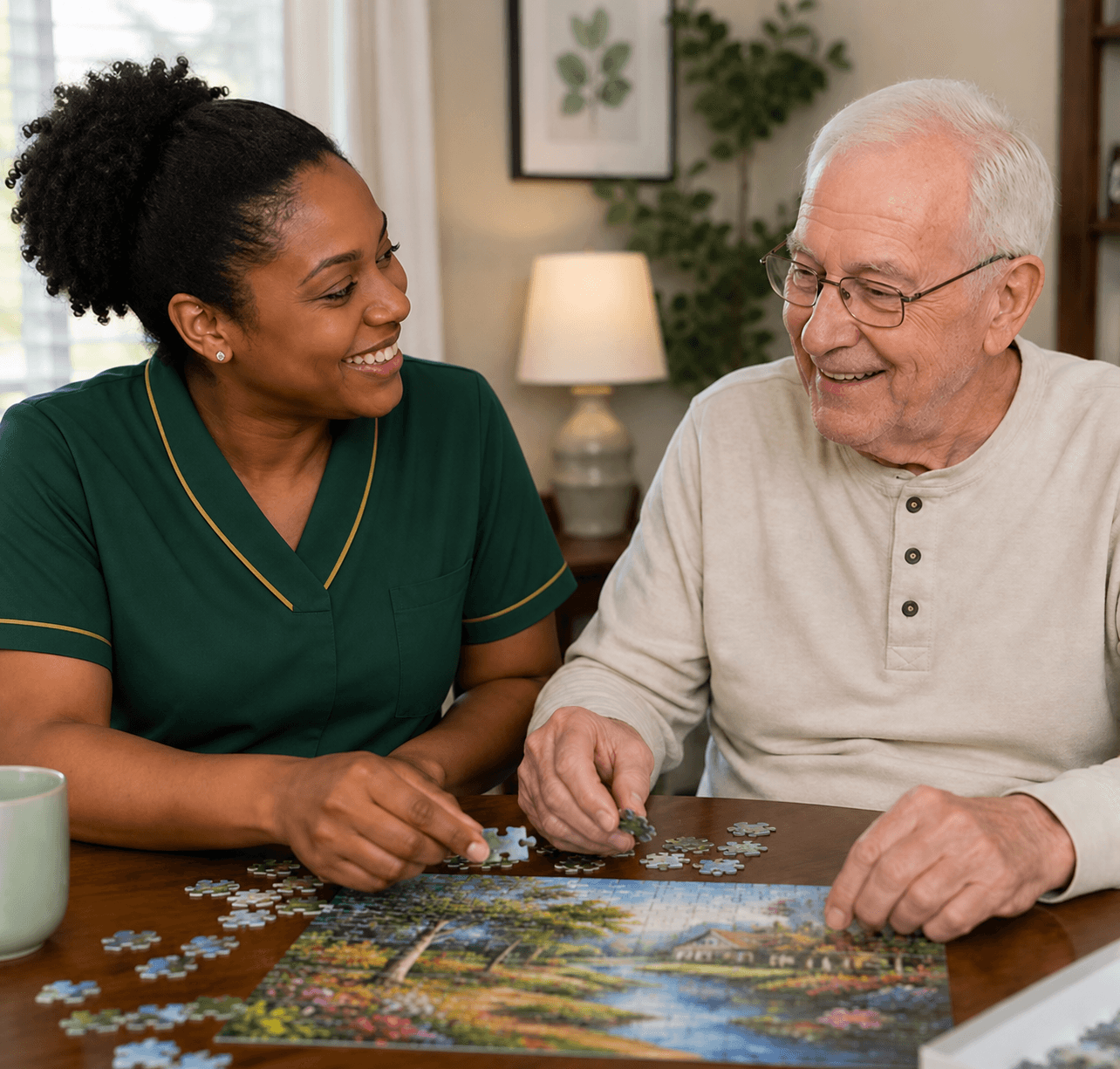 A personal assistance professional sharing a warm moment with a senior in a sunlit Dallas home
